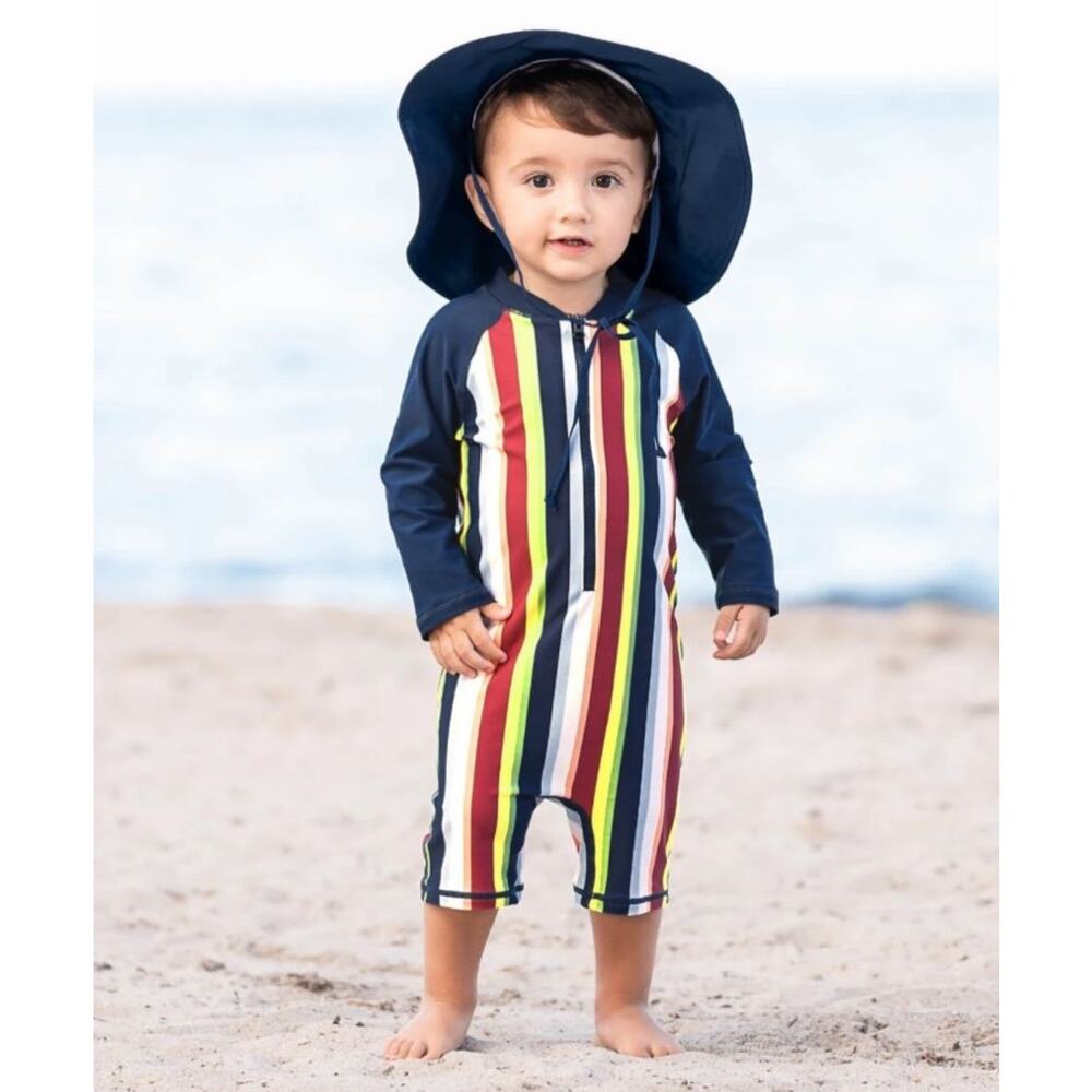 Ruggedbutts One Piece Baby Boys Rash Guard Swimsuit Sunset Stripe 12-18 mo NWT